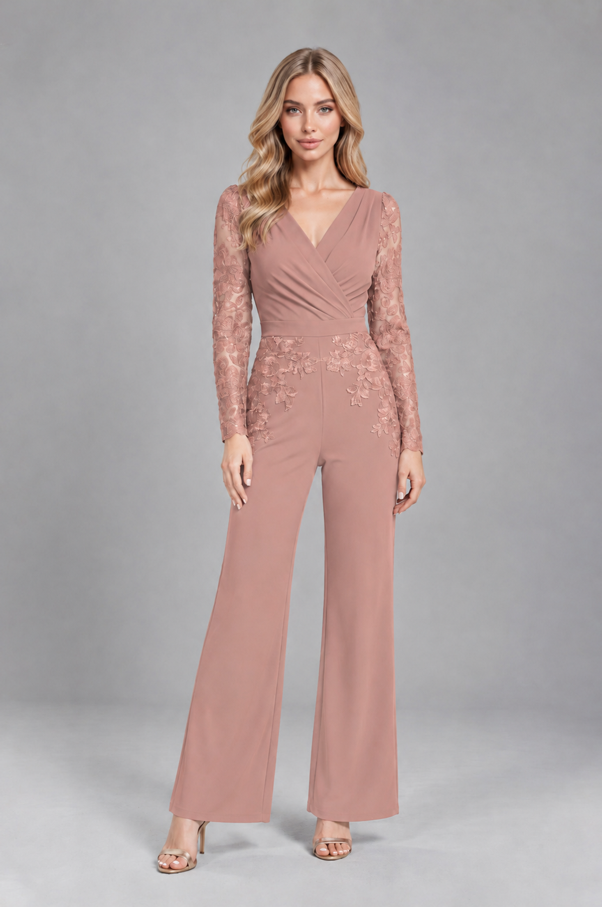 BOLODOO Dusty Rose Lace Long-Sleeve V-Neck Mother Pant Suit - Dusty Rose - Dusty Rose_1