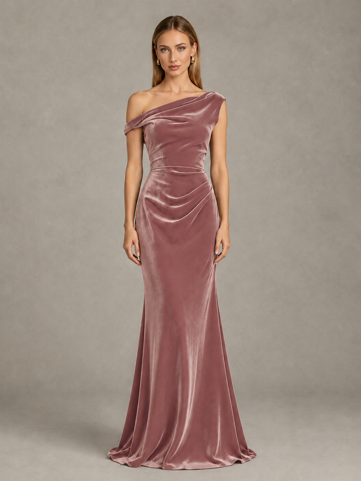 BOLODOO Dusty Rose One-Shoulder Velvet Mermaid Evening Gown - Dusty Rose - Dusty Rose_1