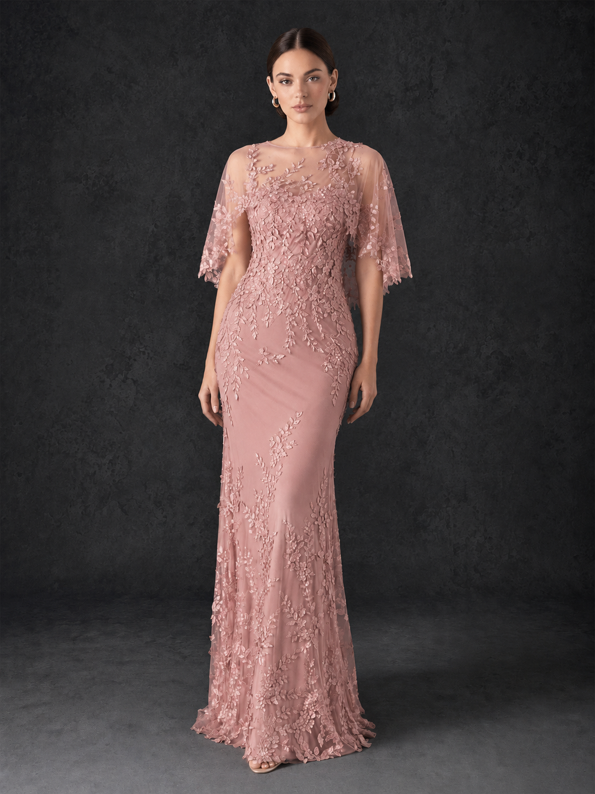BOLODOO Mocha Rose Botanical Lace Flutter Sleeve Mermaid Gown - Dusty Rose - Dusty Rose