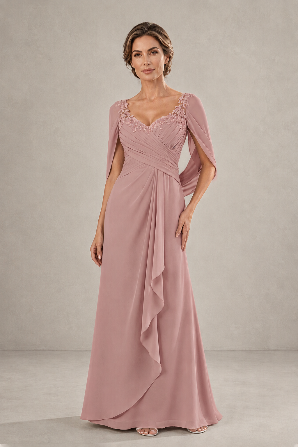 BOLODOO Dusty Rose Chiffon V-Neck Lace Applique Cape Sleeve Cascade Ruffle Lace-Up Back Sheath Maxi Evening Dress - Dusty Rose