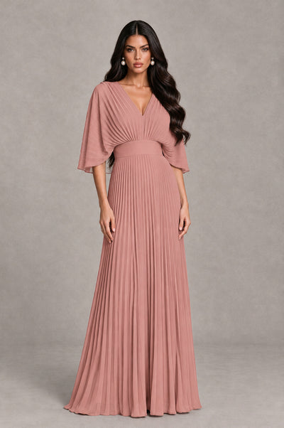 BOLODOO Dusty Rose V-Neck Pleated Flutter Sleeve Formal Dress - Dusty Rose - Dusty Rose_1