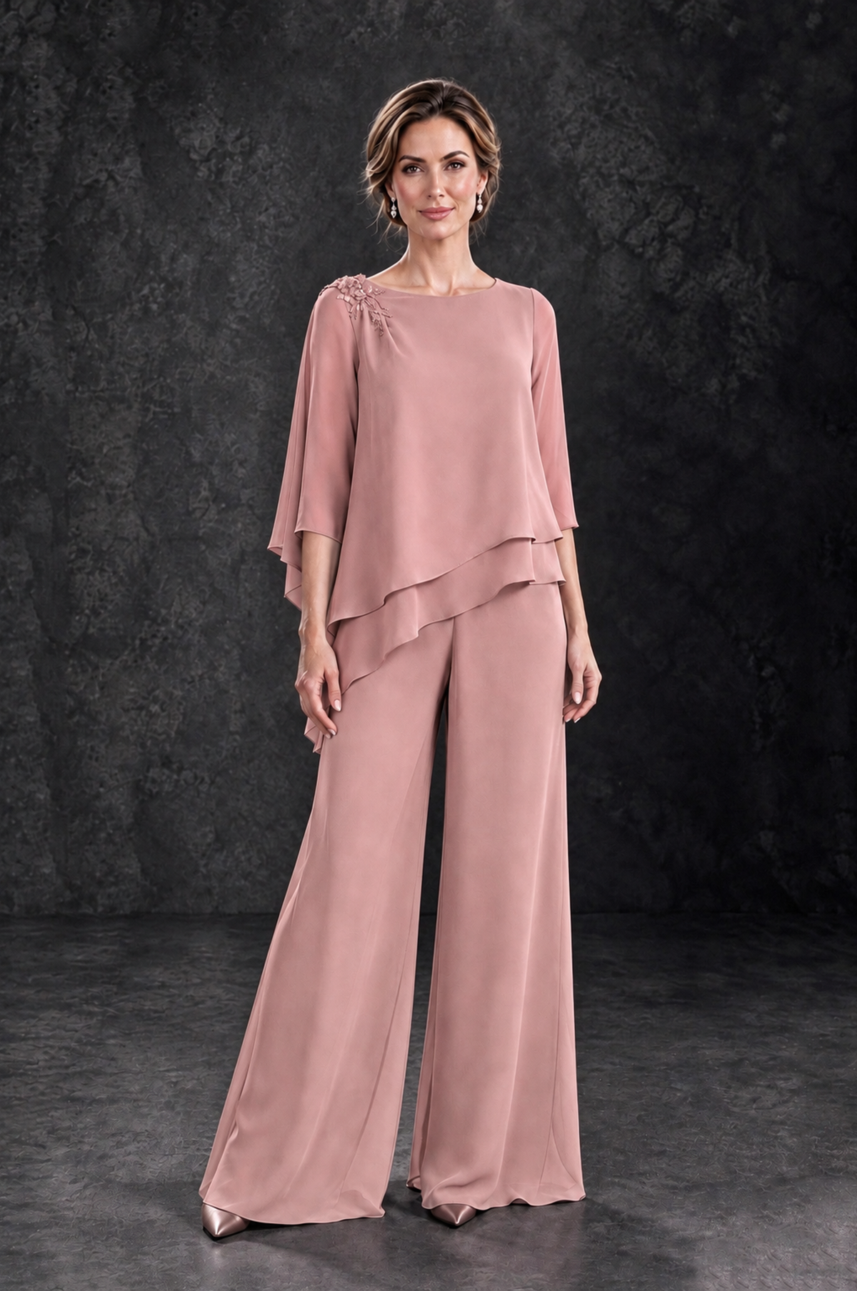 BOLODOO Dusty Rose Layered Wide-Leg Mother of the Bride Pant Suit - Dusty Rose - Dusty Rose_1