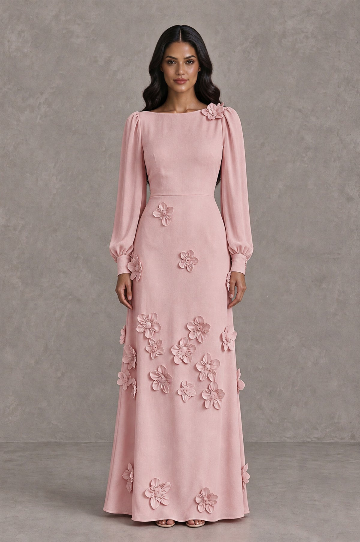 BOLODOO Dusty Rose Long Sleeve Floral Applique A-Line Evening Dress - Dusty Rose - Dusty Rose_1