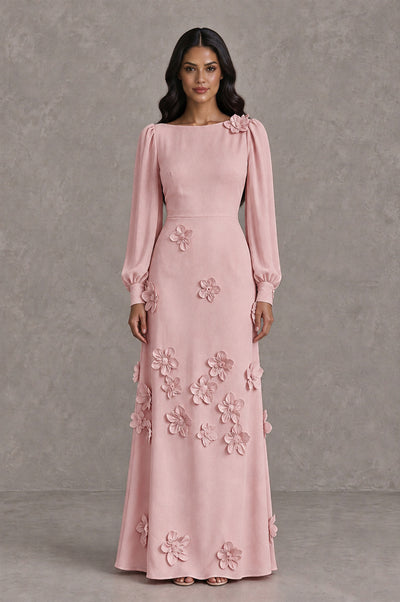 BOLODOO Dusty Rose Long Sleeve Floral Applique A-Line Evening Dress - Dusty Rose - Dusty Rose_1