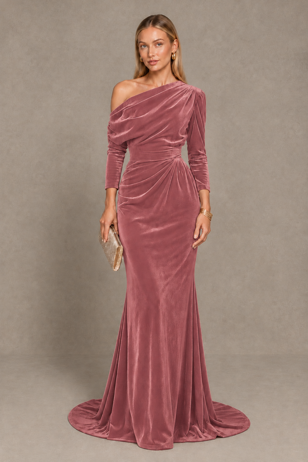 BOLODOO Dusty Rose Velvet Asymmetric Neck Mermaid Evening Dress - Dusty Rose - Dusty Rose_1