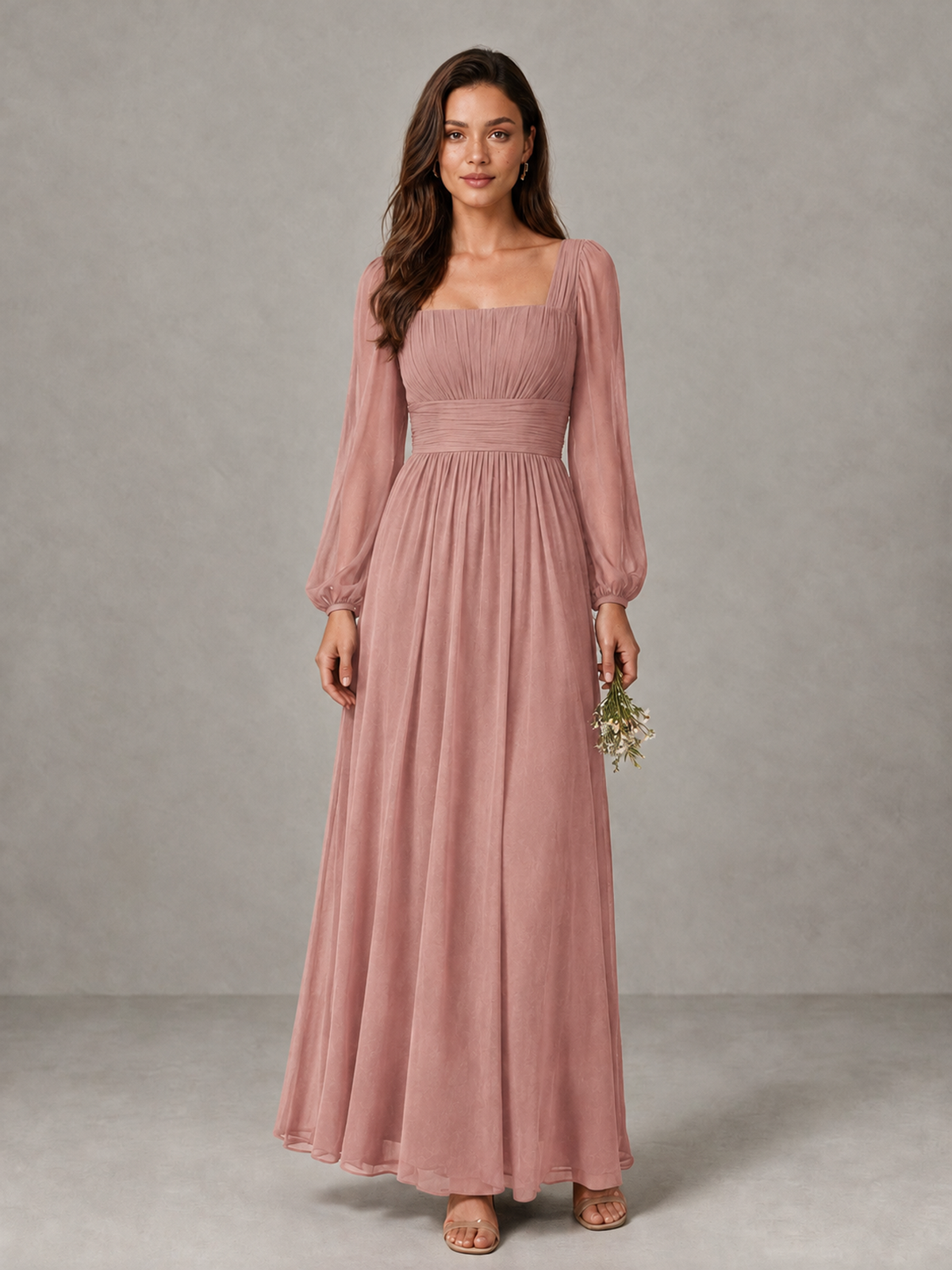 BOLODOO Dusty Rose Square Neck Long Sleeve Chiffon Bridesmaid Dress - Dusty Rose - Dusty Rose_1