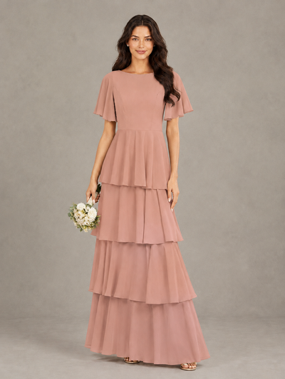BOLODOO Dusty Rose Tiered Flutter Sleeve Bridesmaid Dress - Dusty Rose - Dusty Rose_1