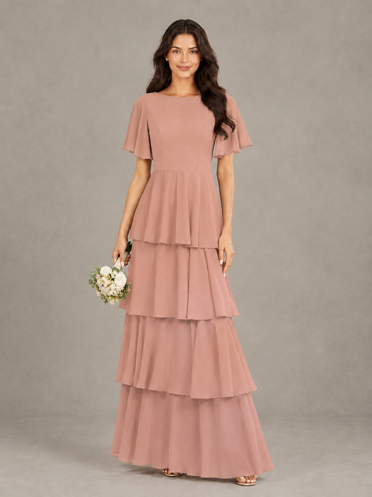 BOLODOO Dusty Rose Tiered Flutter Sleeve Bridesmaid Dress - Dusty Rose - Dusty Rose_1