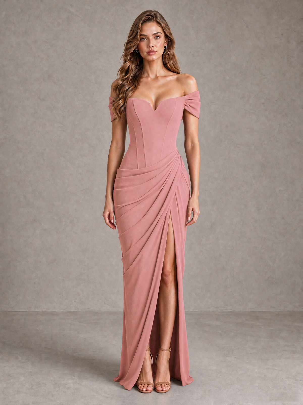 BOLODOO Dusty Rose Off-Shoulder Ruched Corset Wedding Guest Dress with Slit - Dusty Rose - Dusty_Rose_1