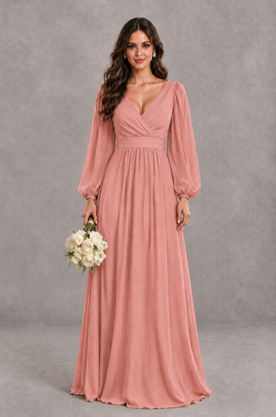 BOLODOO Dusty Rose Long Sleeve V-Neck A-Line Bridesmaid Dress - Dusty Rose - Dusty Rose_1