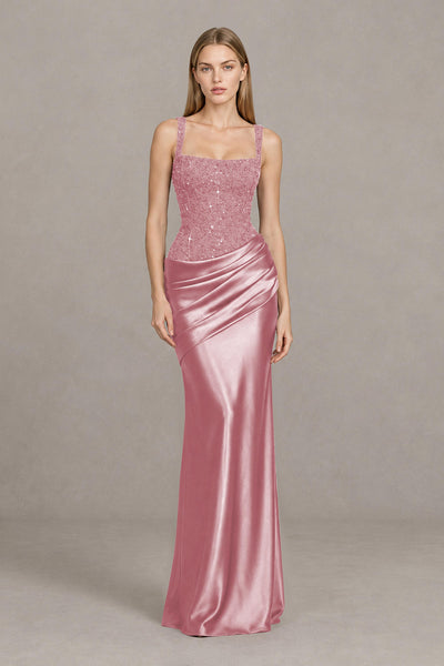 BOLODOO Dusty Rose Square Neck Embellished Satin Evening Gown - Dusty Rose