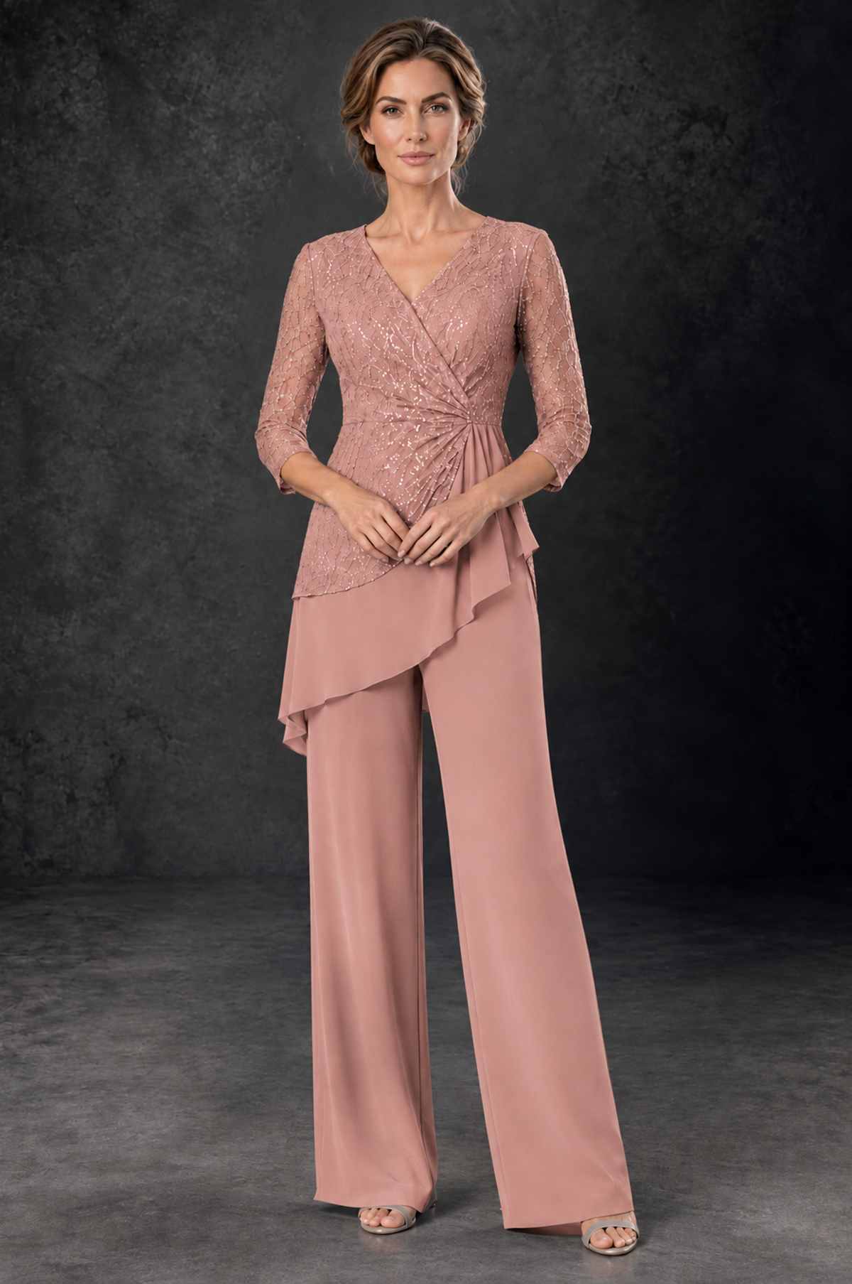 BOLODOO Dusty Rose Sequin Lace 3/4 Sleeve Chiffon Mother of the Bride Pant Suit - Dusty Rose - Dusty_Rose_1