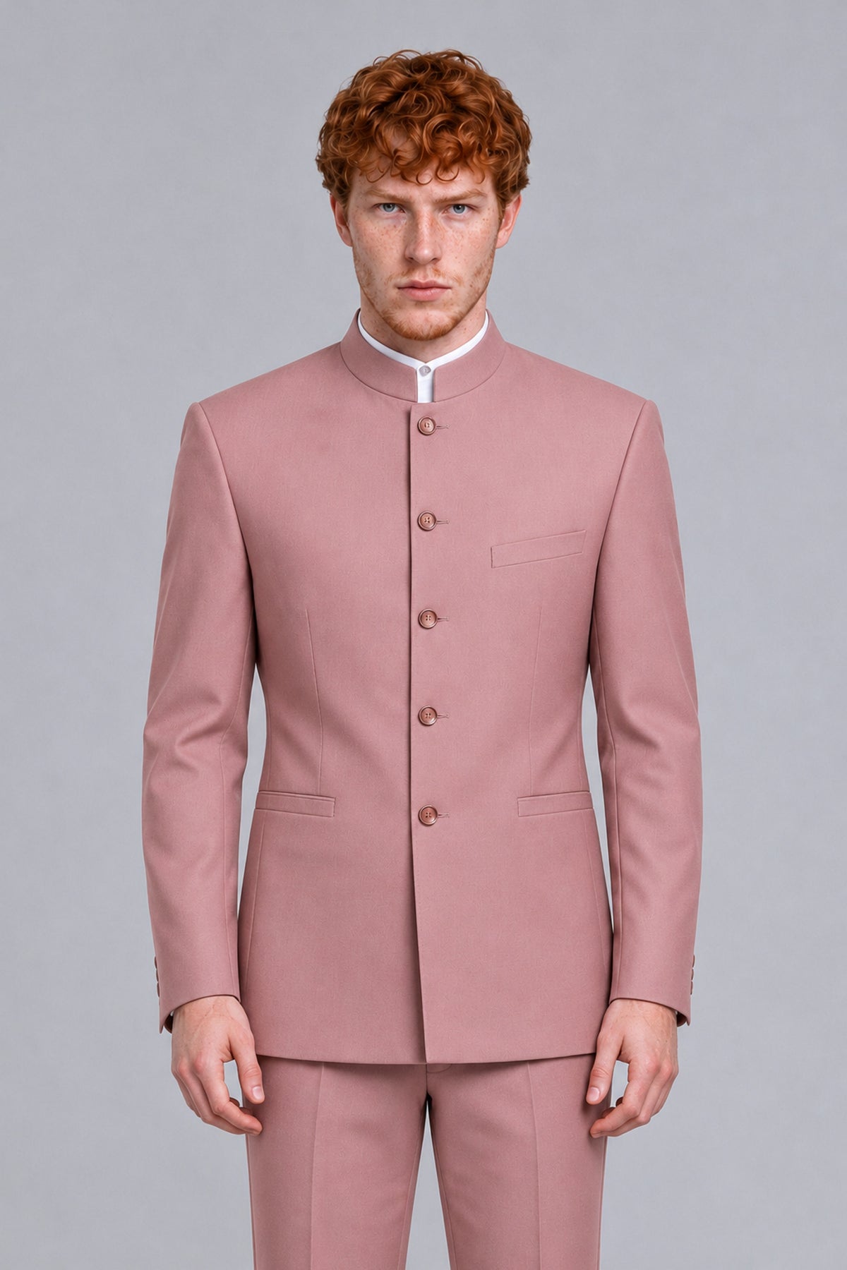 BOLODOO Men's Dusty Rose Mandarin Collar Two-Piece Suit - Dusty Rose - Dusty Rose_1