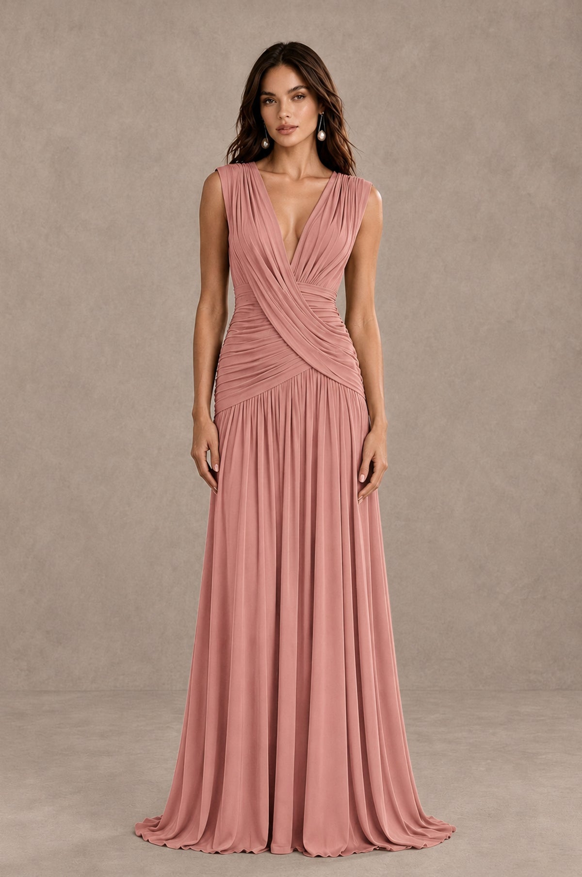 BOLODOO Dusty Rose V-Neck Ruched Wedding Guest Dress - Dusty Rose - Dusty Rose_1
