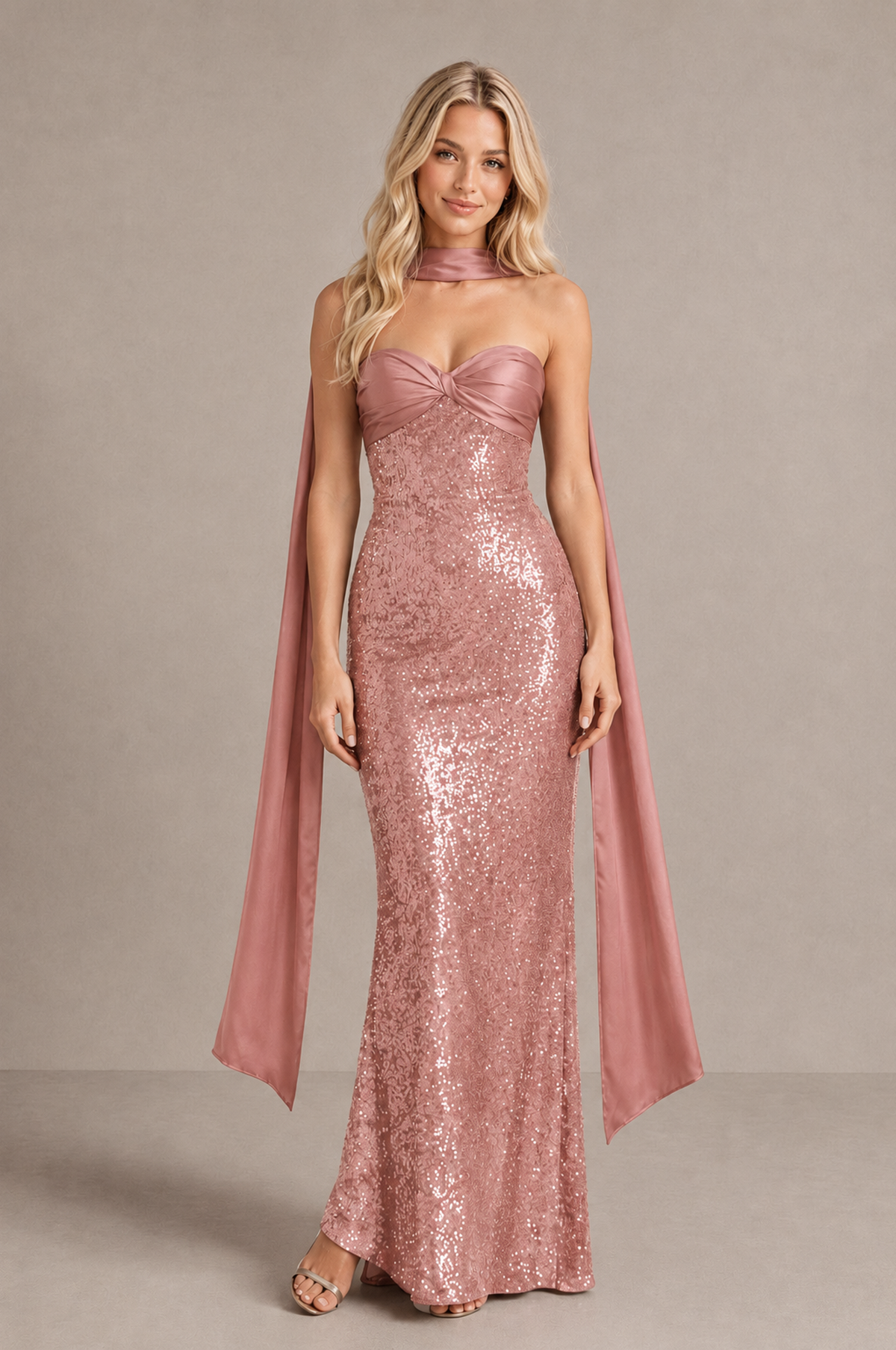 BOLODOO Dusty Rose Strapless Sweetheart Evening Dress with Scarf - Dusty Rose - Dusty_Rose_1