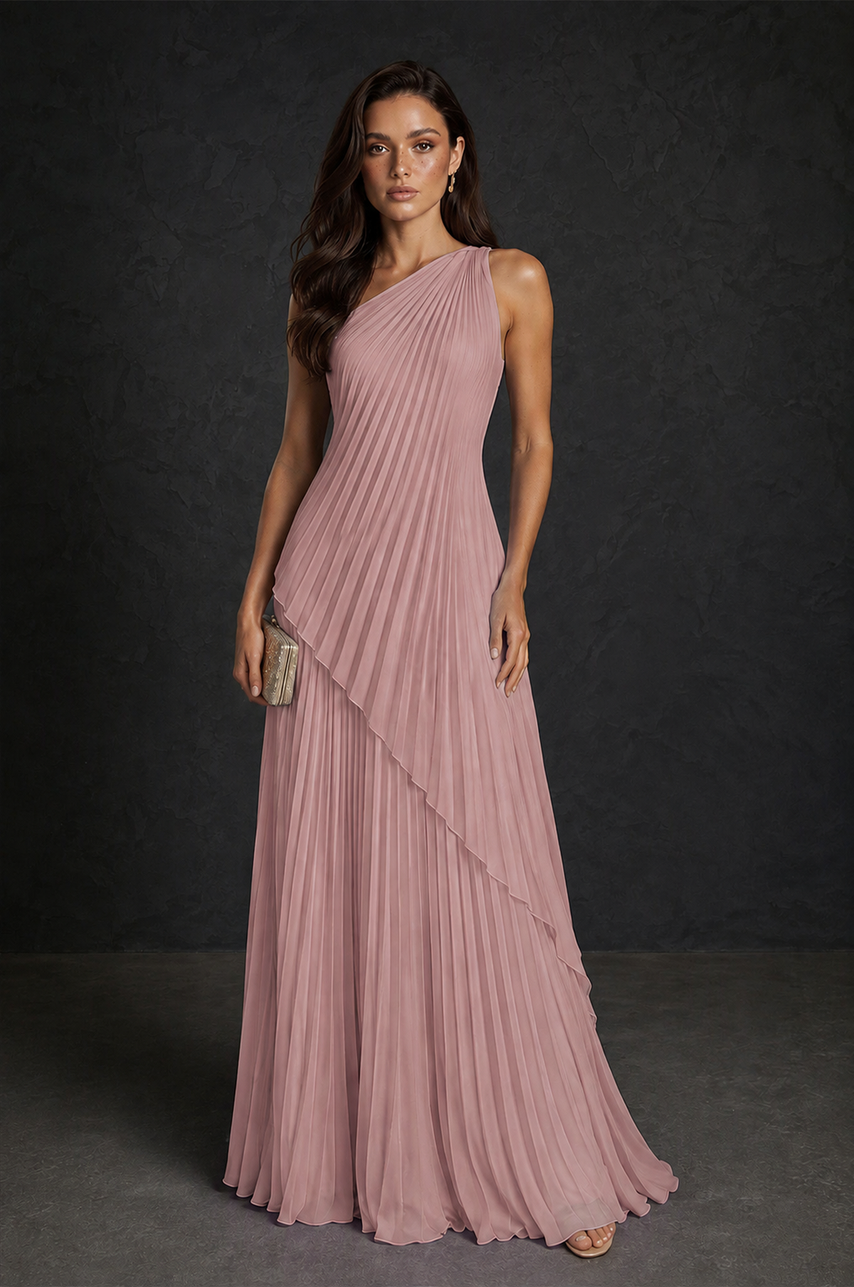 BOLODOO Dusty Rose One-Shoulder Sunburst Pleated Asymmetric Layered Overlay Accordion Pleated Chiffon Maxi Dress - Dusty Rose
