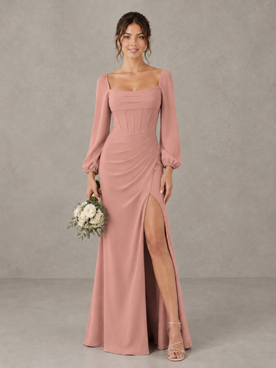 BOLODOO Dusty Rose Square Neck Long Sleeve Bridesmaid Dress with High Slit - Dusty Rose - Dusty Rose_1