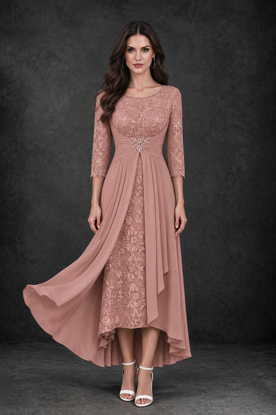 BOLODOO Dusty Rose Sequin Lace & Chiffon Tea-Length Mother of the Bride Dress with 3/4 Sleeves - Dusty Rose - Dusty_Rose_1