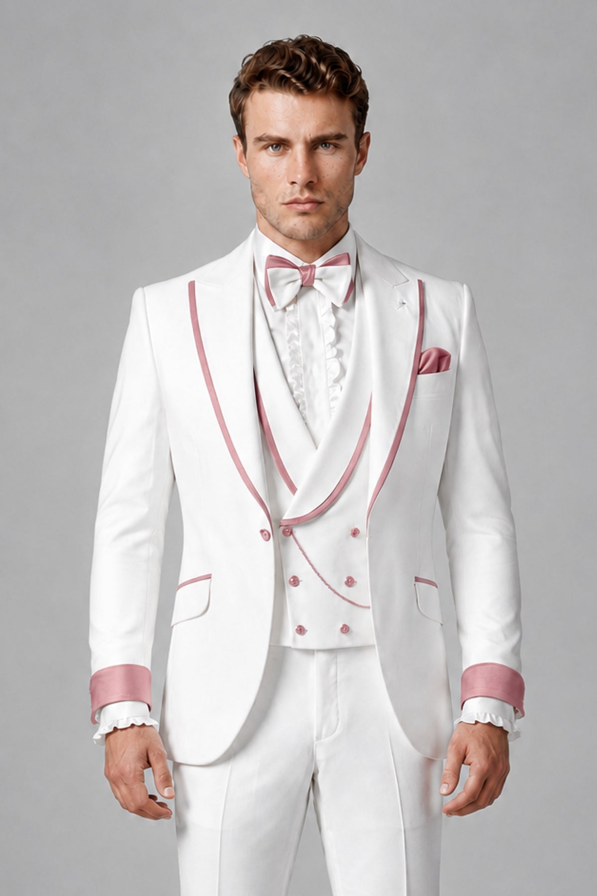 Bolodoo Men's White and Dusty Rose Three-Piece Wedding Tuxedo Suit - Dusty Rose - Dusty Rose_1