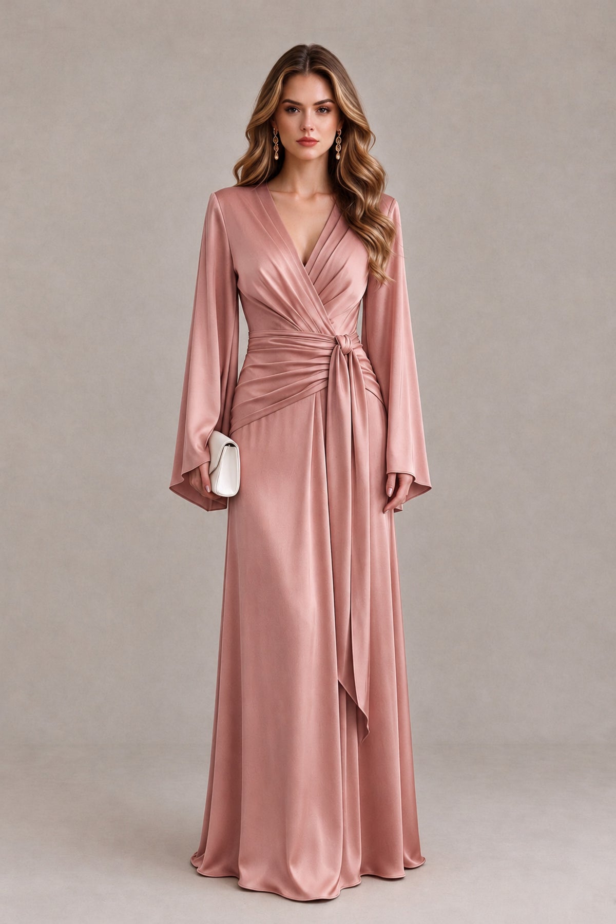 BOLODOO Dusty Rose Yellow Satin-Look V-Neck Long Bell Sleeve Evening Dress - Dusty Rose - Dusty_Rose_1