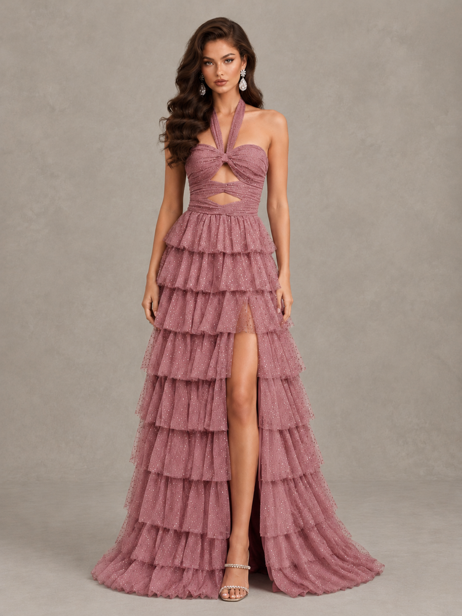 Prom Dress in Dusty Rose with Halter Neck & Tiered Ruffles