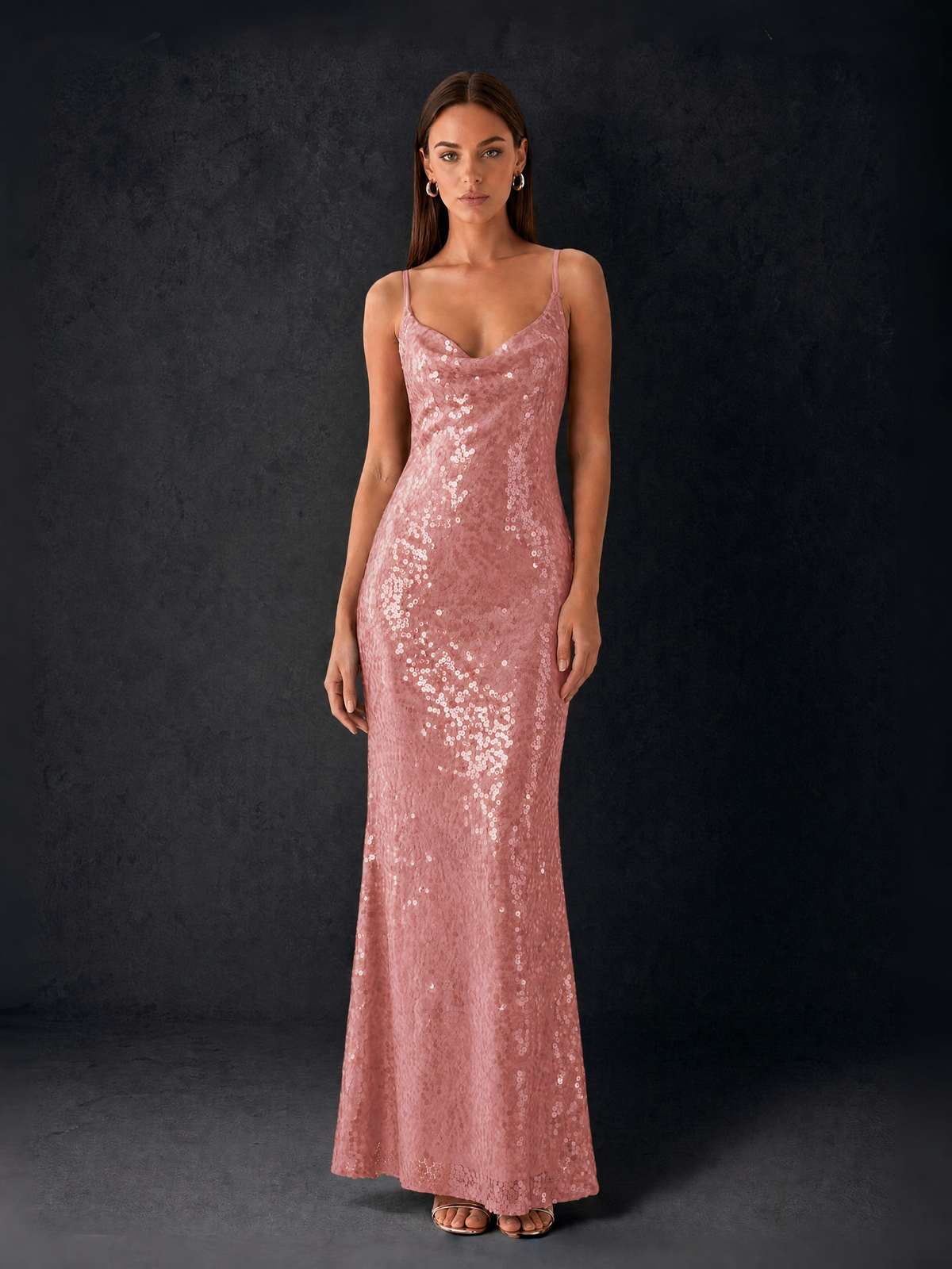 BOLODOO Bronze Sequin Cowl Neck Spaghetti Strap Mermaid Maxi Dress with Open Criss-Cross Back - Dusty Rose - Dusty Rose