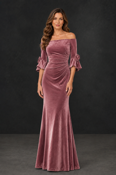 BOLODOO Dusty Rose Velvet Mother of the Bride Dress with Rosette Sleeves - Dusty Rose - Dusty_Rose_1