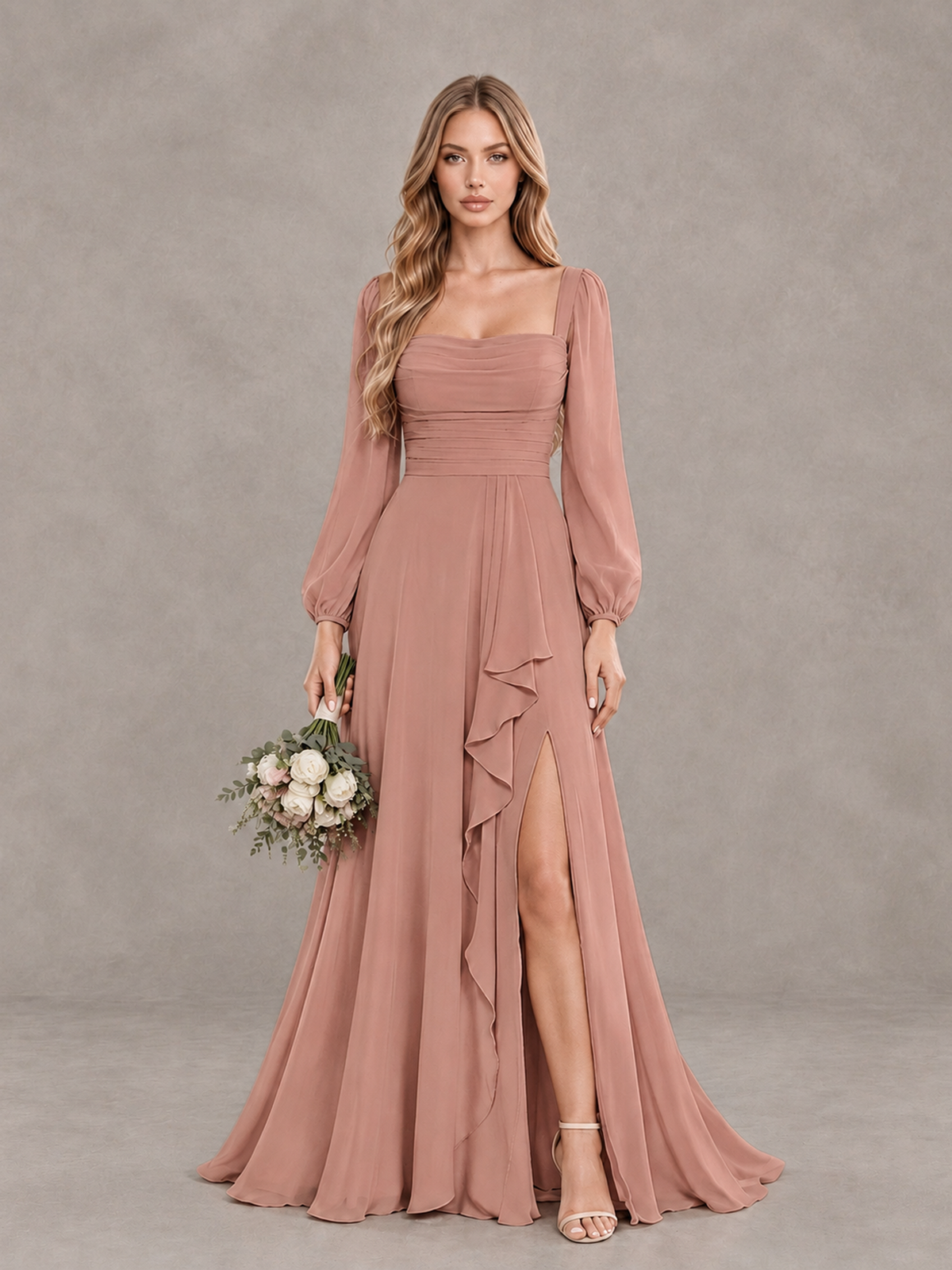 BOLODOO Dusty Rose Square Neck Long Sleeve Bridesmaid Dress with Ruffle Slit - Dusty Rose - Dusty Rose_1