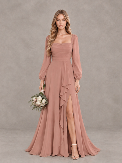 BOLODOO Dusty Rose Square Neck Long Sleeve Bridesmaid Dress with Ruffle Slit - Dusty Rose - Dusty Rose_1