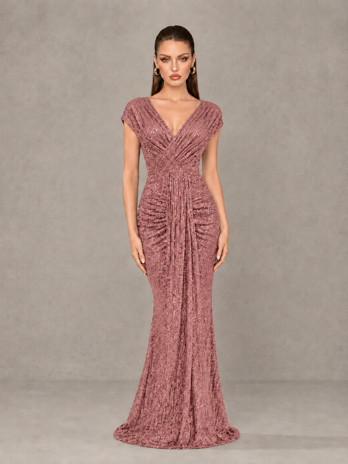 BOLODOO Dusty Rose Glitter V-Neck Cap Sleeve Ruched Mermaid Evening Gown - Dusty Rose - Dusty Rose_1