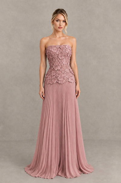 BOLODOO Dusty Rose Strapless Floral Applique Pleated Evening Dress - Dusty Rose - Dusty Rose_1