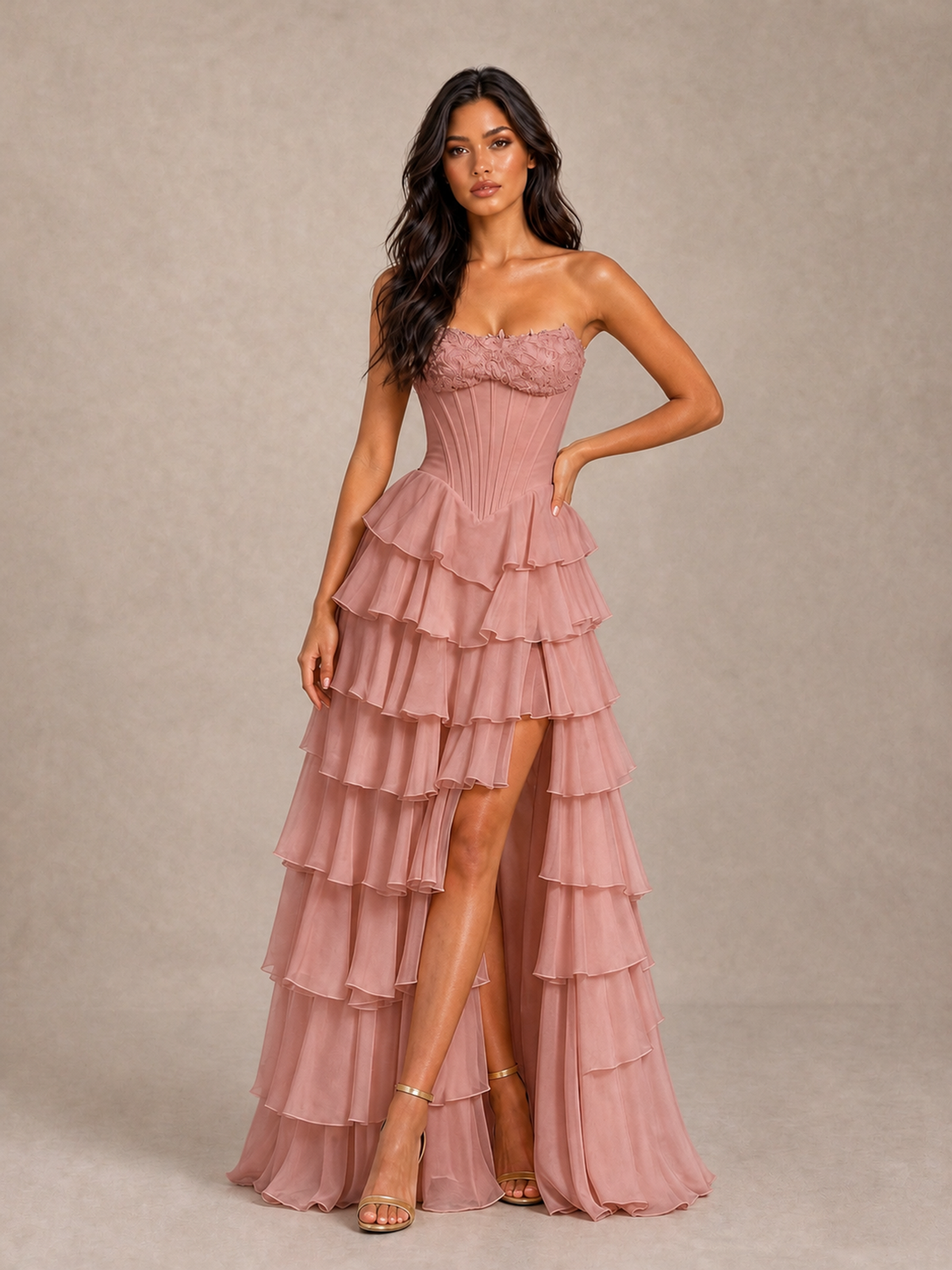 BOLODOO Dusty Rose Strapless Corset Tiered Ruffle Prom Dress with High Slit - Dusty Rose - Dusty Rose_1