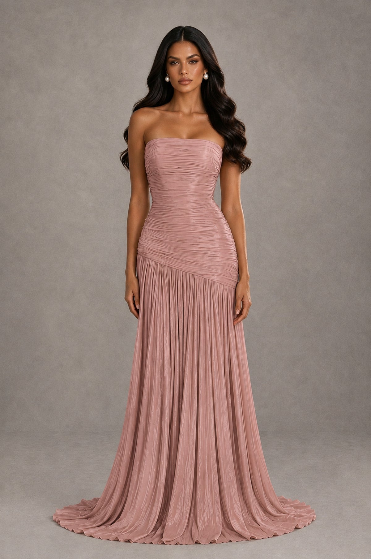 BOLODOO Dusty Rose Metallic Ruched Strapless Pleated A-Line Backless Maxi Dress with Train - Dusty Rose - Dusty Rose_1