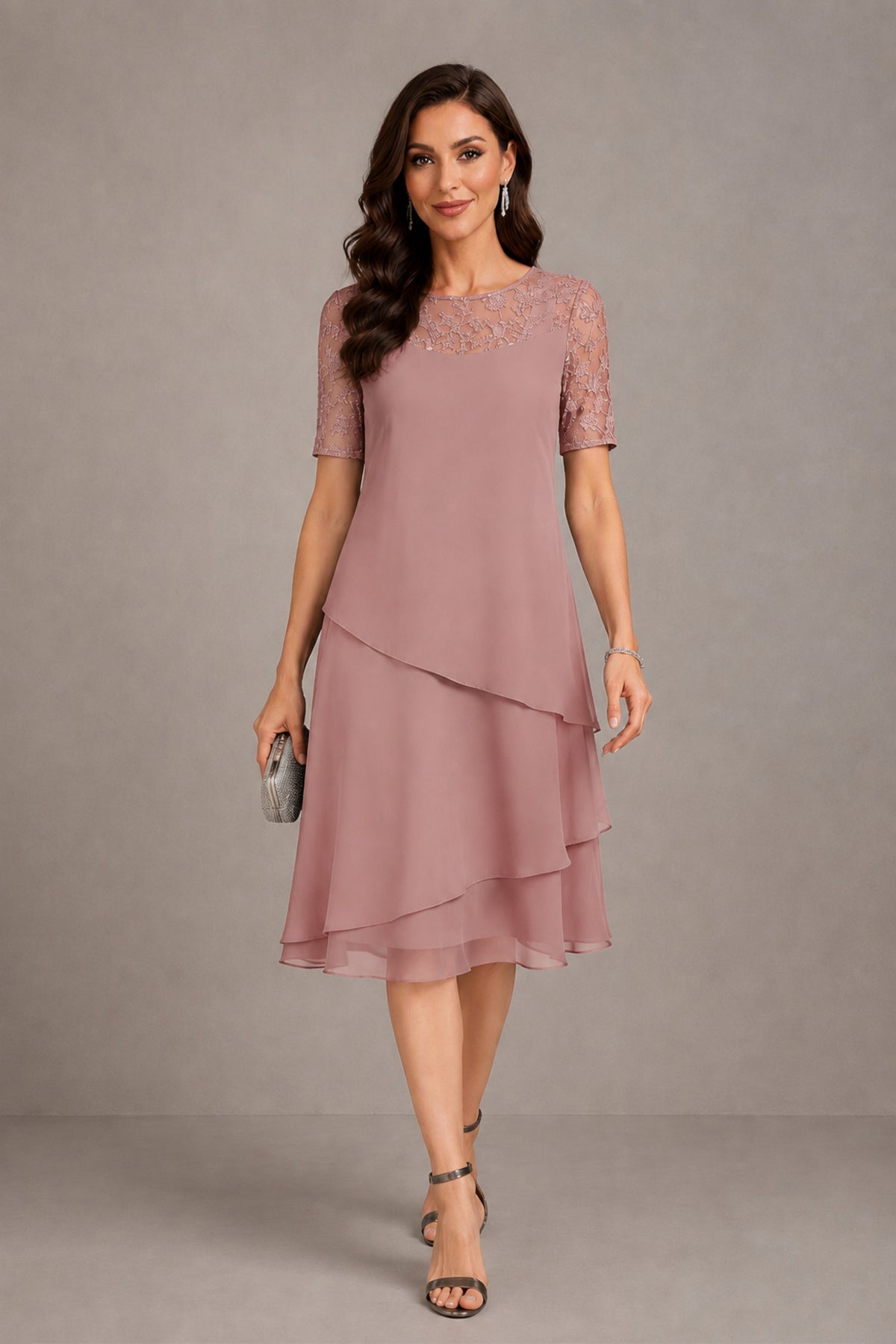 BOLODOO Dusty Rose Illusion Lace Short Sleeve Tiered Chiffon Tea Length Dress | Mother of the Bride Midi Dress - Dusty Rose