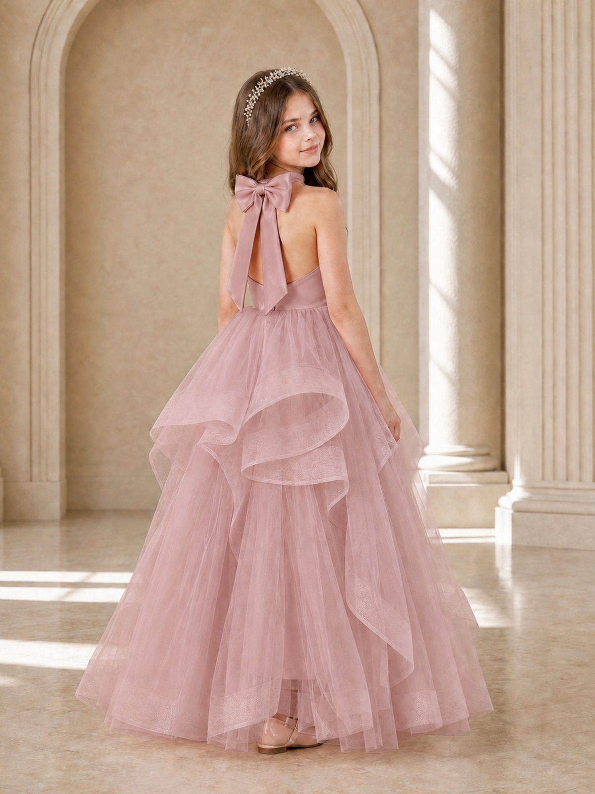 BOLODOO Dusty Rose Halter Tiered Tulle Flower Girl Dress with Bow Back - Dusty Rose - Dusty Rose_1