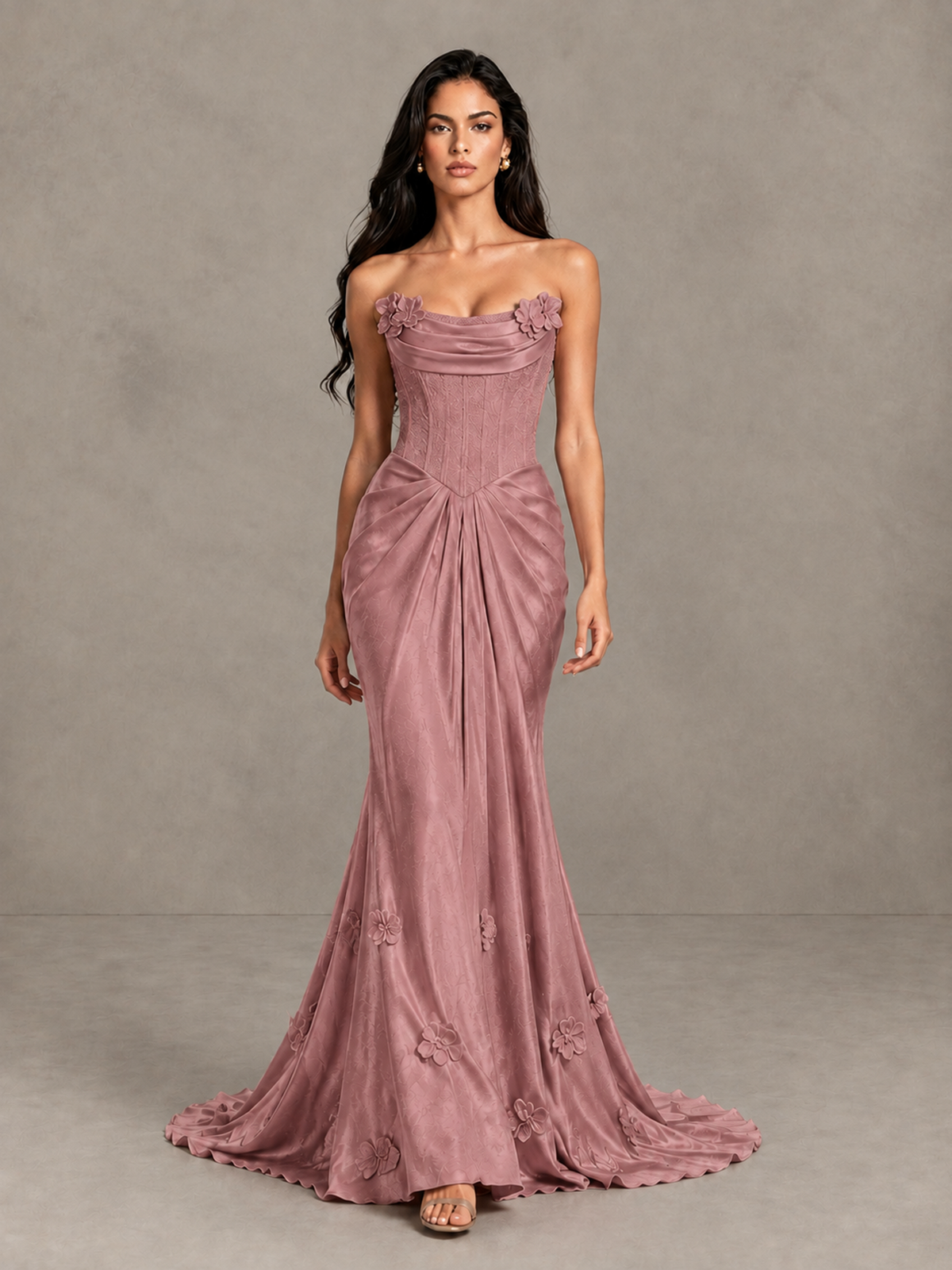 BOLODOO Dusty Rose Strapless Floral Corset Evening Gown with Train - Dusty Rose - Dusty Rose_1