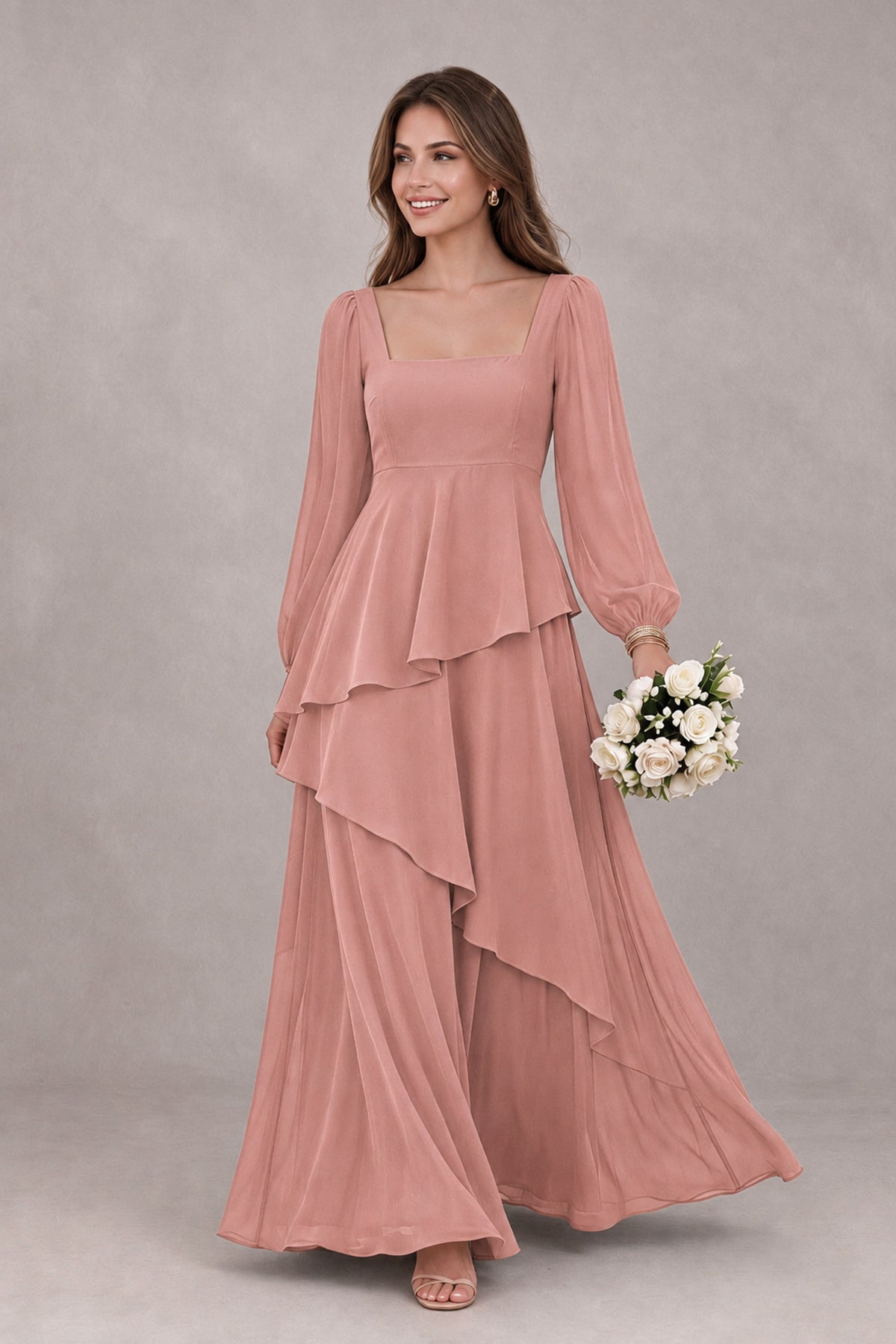 BOLODOO Dusty Rose Long Sleeve Ruffle Bridesmaid Dresses - Dusty Rose - Dusty Rose_1