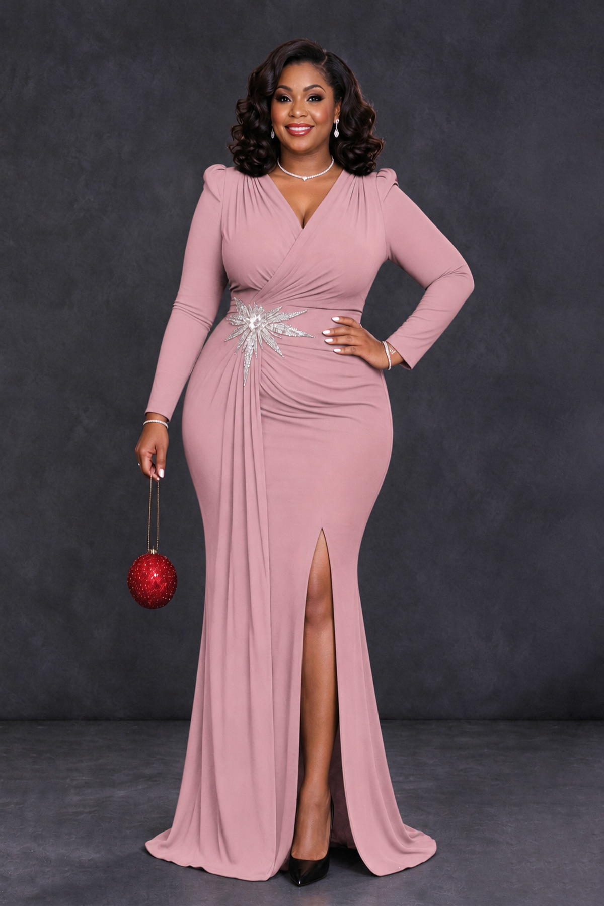 BOLODOO Dusty Rose Plus Size Long Sleeve V-Neck Mother of the Bride Dress with Slit - Dusty Rose - Dusty Rose_1