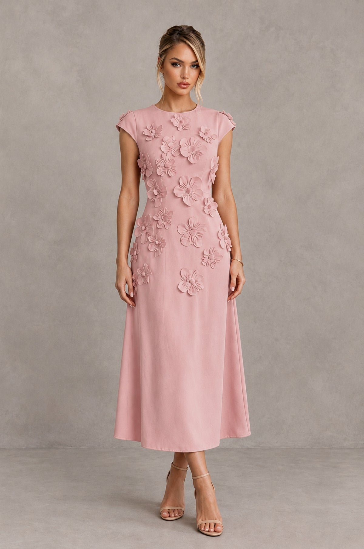 BOLODOO Dusty Rose 3D Floral Cap Sleeve Midi Cocktail Dress - Dusty Rose - Dusty Rose_1
