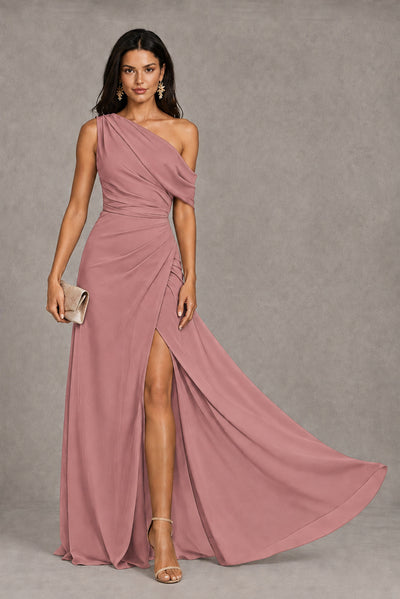 Dusty Rose One-Shoulder Floor-Length Evening Gown with High Slit - Dusty Rose
