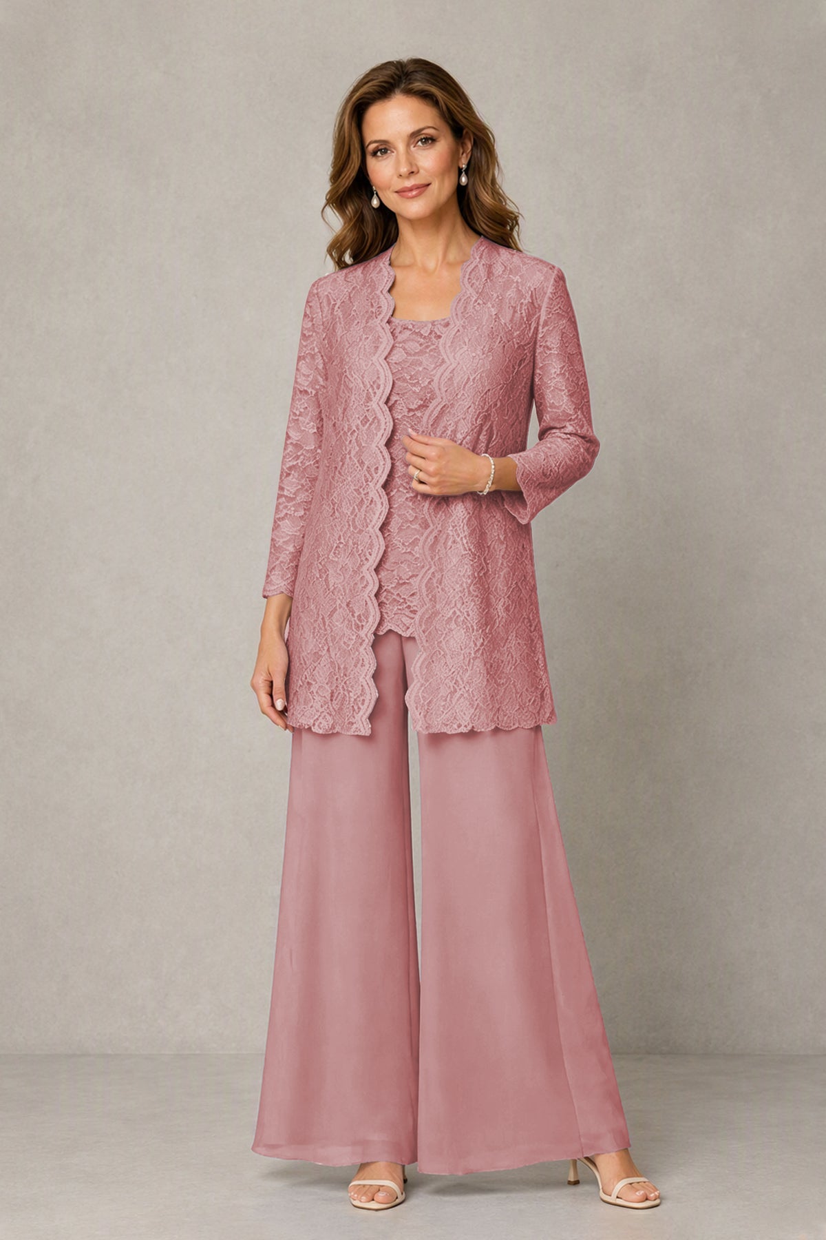BOLODOO Dusty Rose 3-Piece Lace Chiffon Pantsuit – Mother of the Bride Wedding Guest with Jacket - Dusty Rose