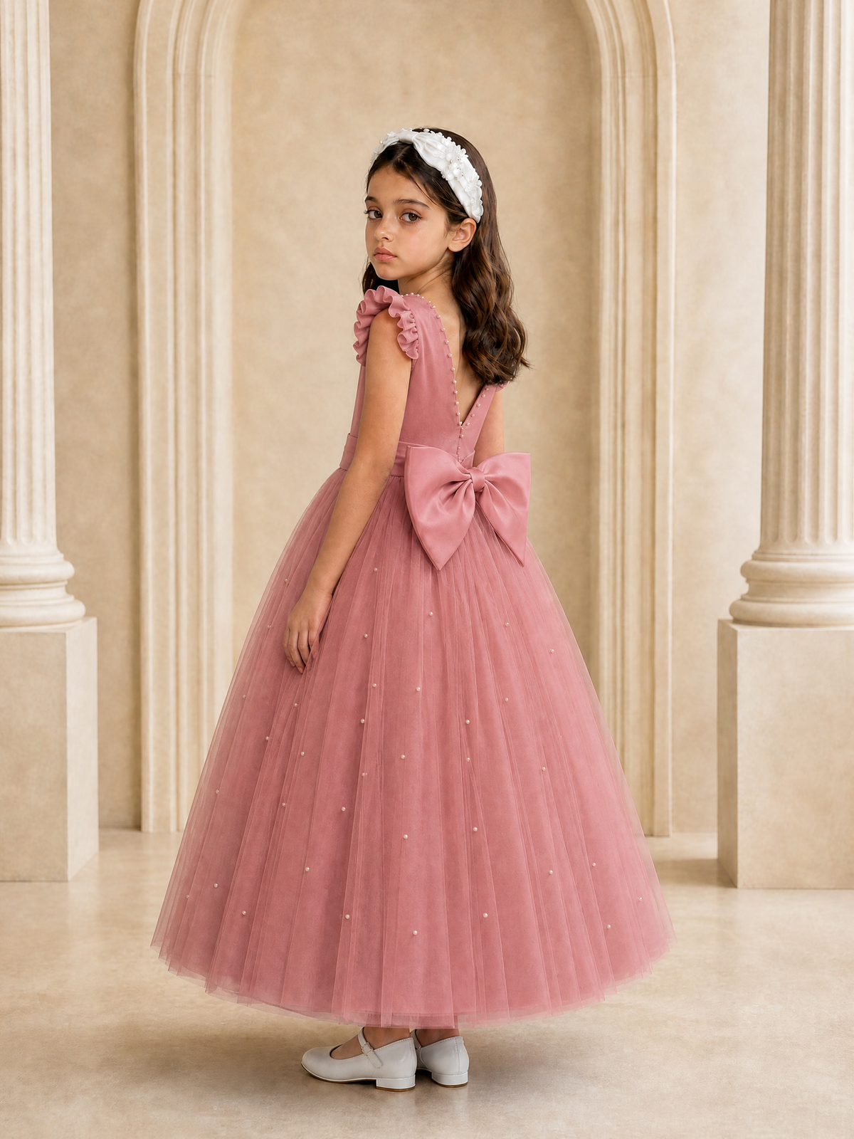 BOLODOO Dusty Rose Tulle Flower Girl Dress with Ruffle Sleeves & Bow Back - Dusty Rose - Dusty_Rose_1