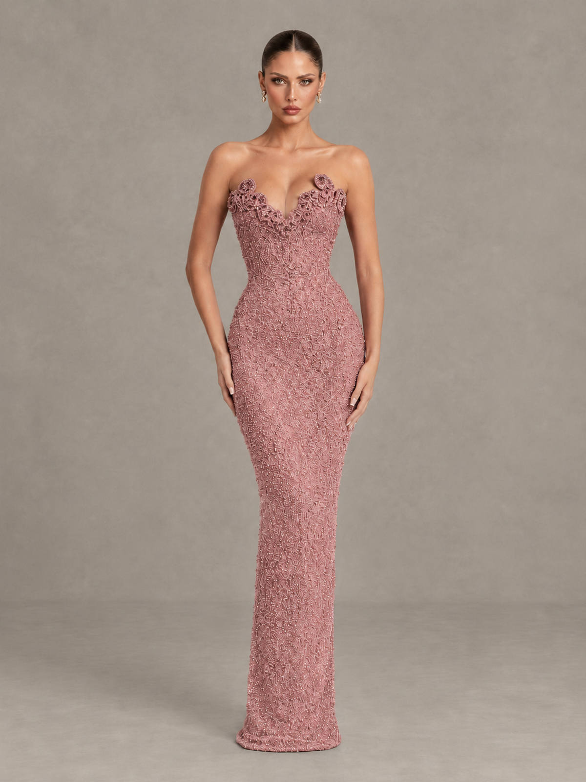 BOLODOO Dusty Rose Strapless Sequin Evening Gown with Floral Neckline - Dusty Rose - Dusty Rose_1