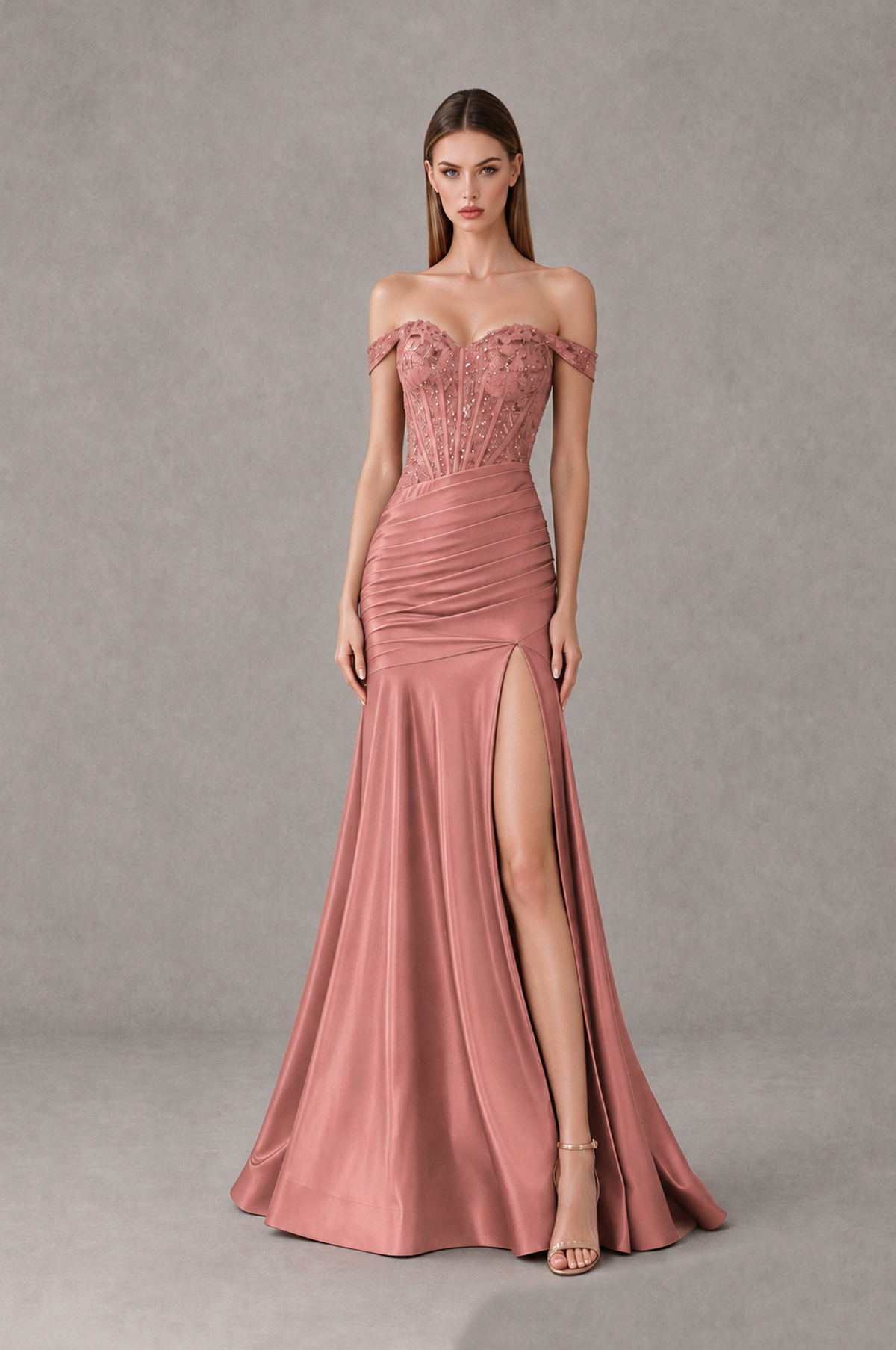 BOLODOO Dusty Rose Off-Shoulder Corset Mermaid Prom Dress with Slit Sequin Lace Evening Gown - Dusty Rose - Dusty Rose_1