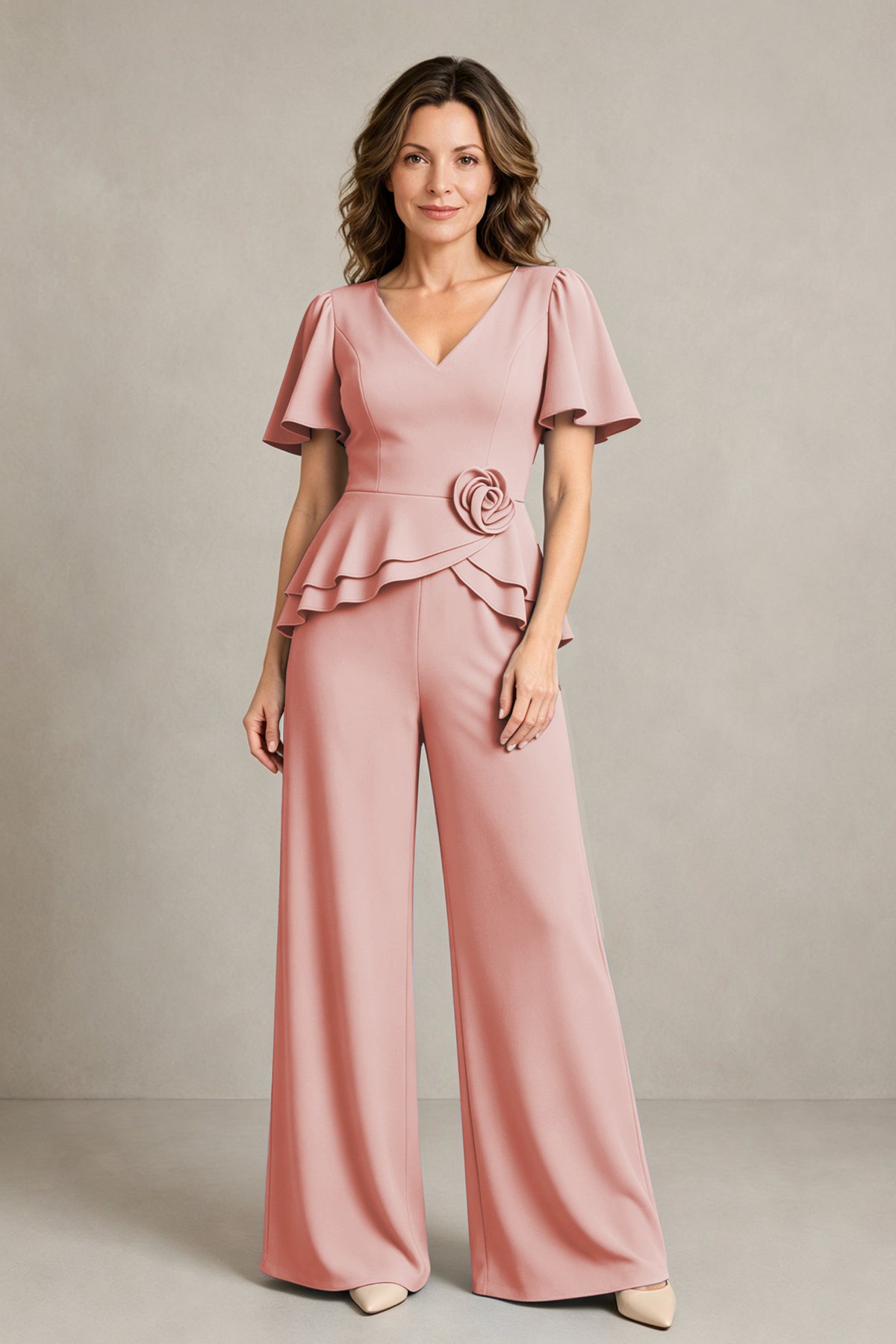 BOLODOO Dusty Rose Flutter Sleeve Peplum Wide-Leg Pant Suit - Dusty Rose