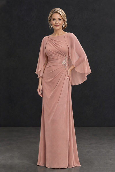BOLODOO Dusty Rose Cape Sleeve Mother of the Bride Dress with Ruched Waist - Dusty Rose - Dusty Rose_1