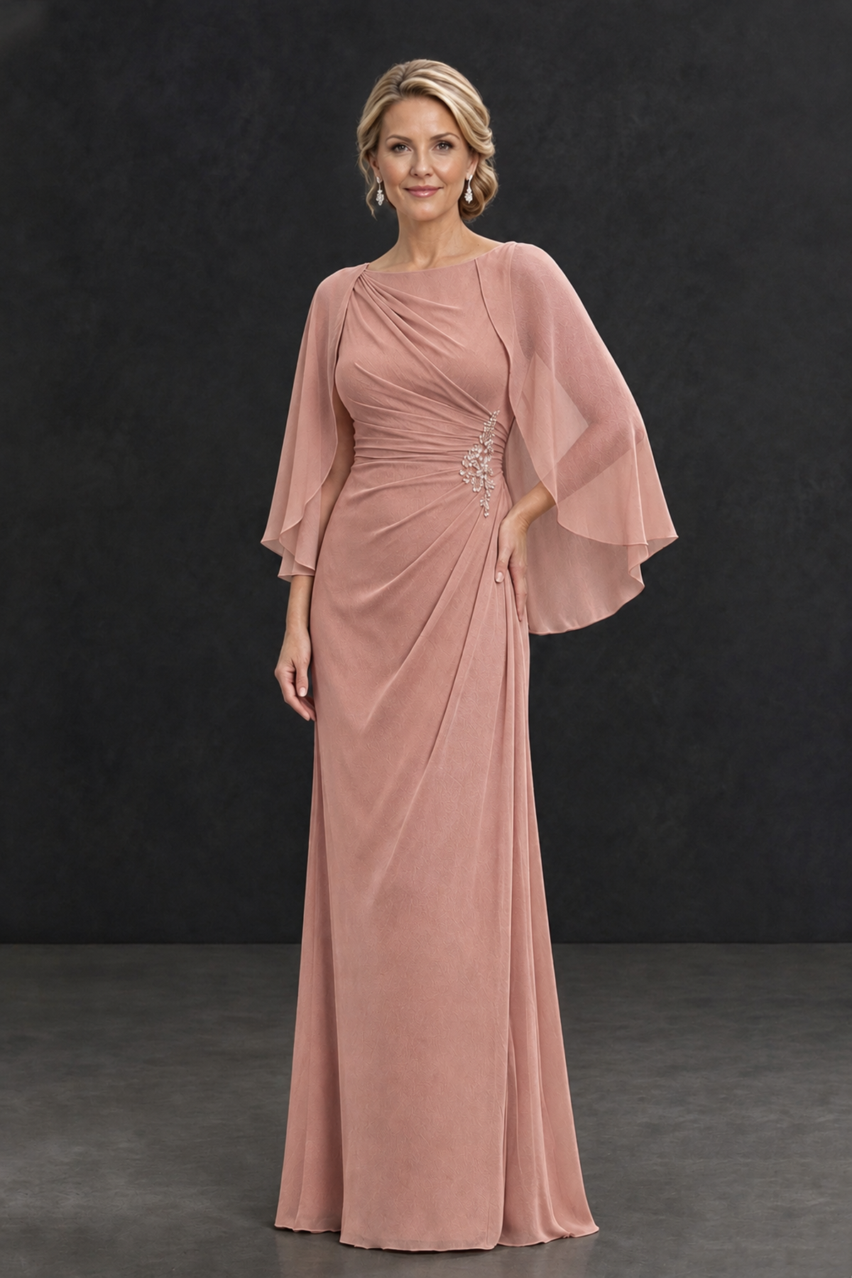 BOLODOO Dusty Rose Cape Sleeve Mother of the Bride Dress with Ruched Waist - Dusty Rose - Dusty Rose_1