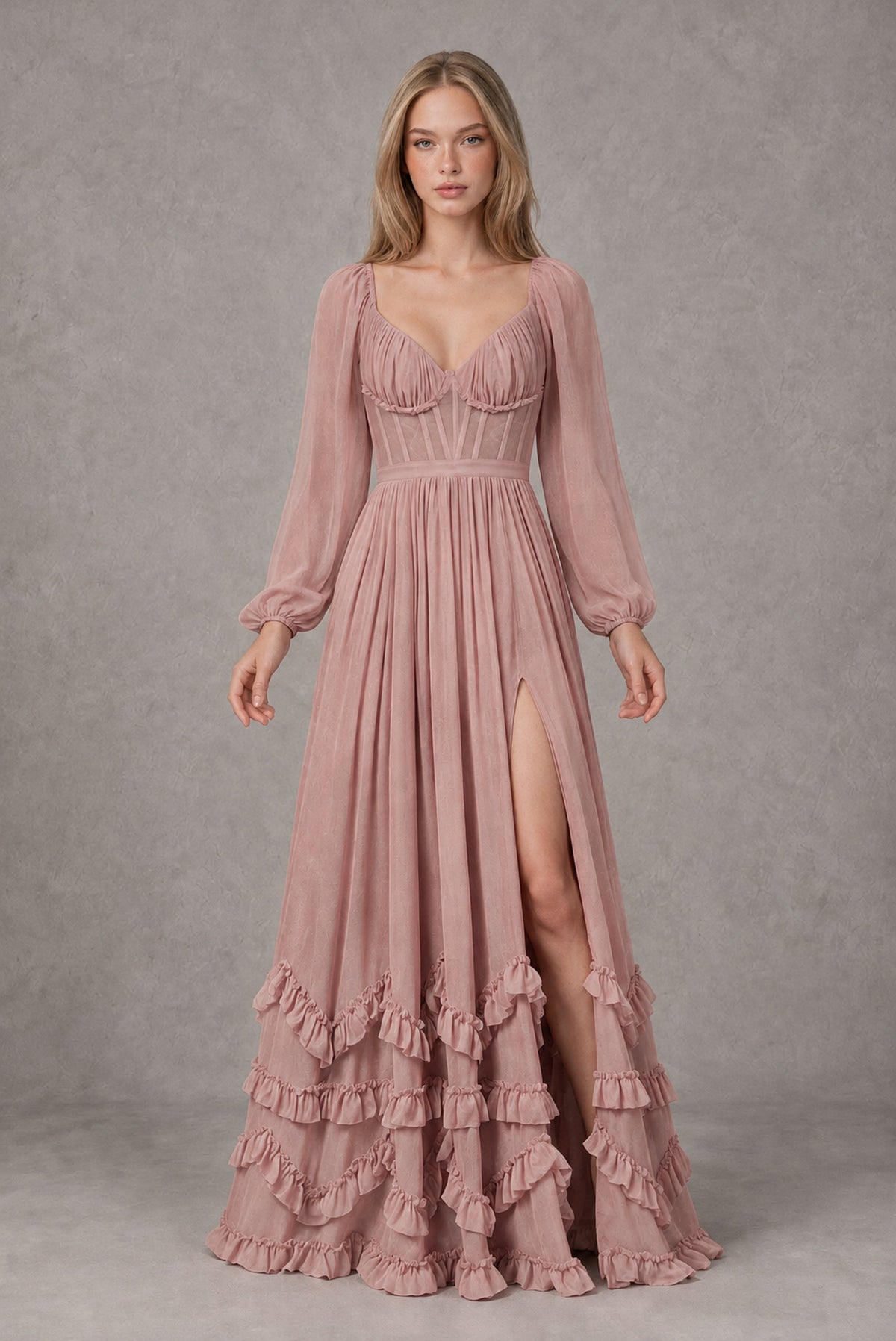 Dusty Rose Long-Sleeve Ruffle Maxi Dress with Lace-Up Back and Slit - Dusty Rose