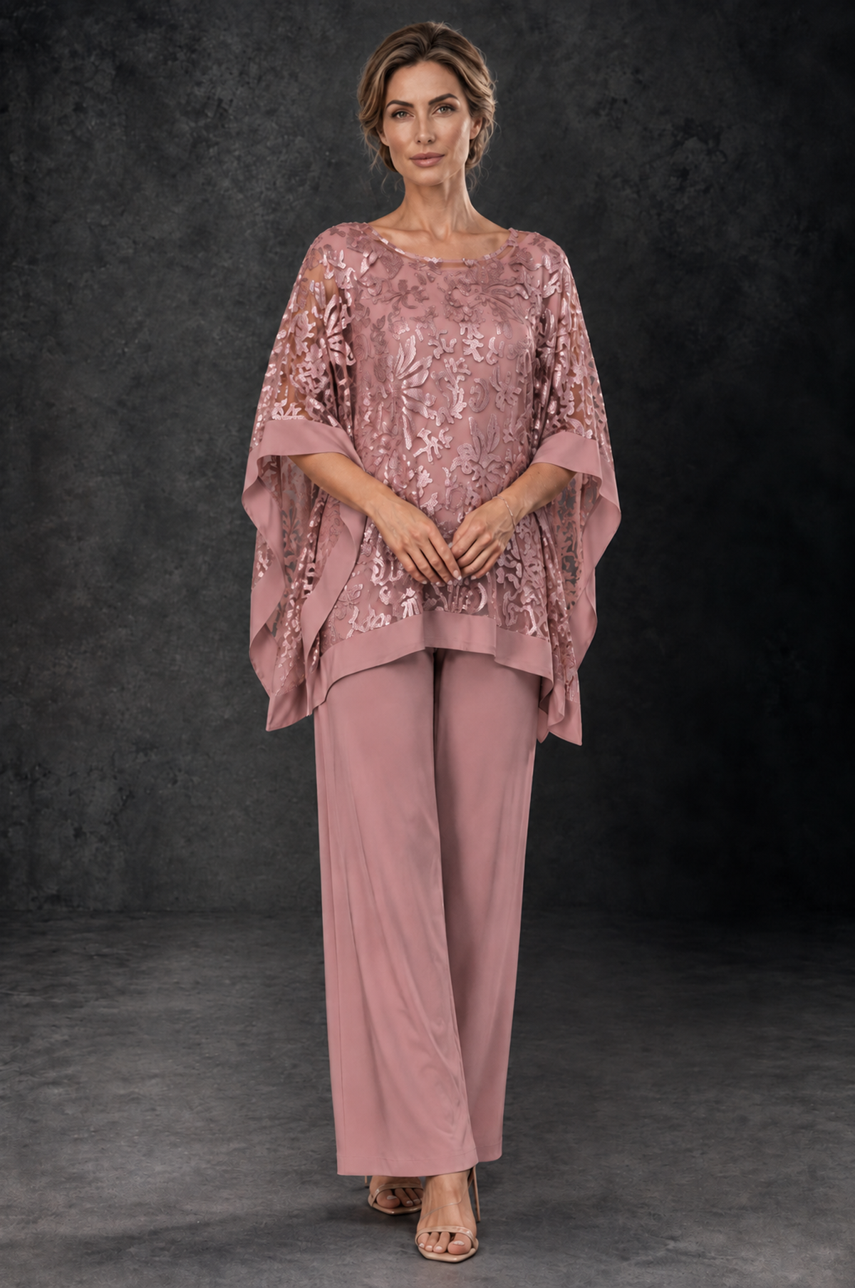 BOLODOO Dusty Rose Floral Cape Mother of the Bride Pant Suit - Dusty Rose - Dusty_Rose_1