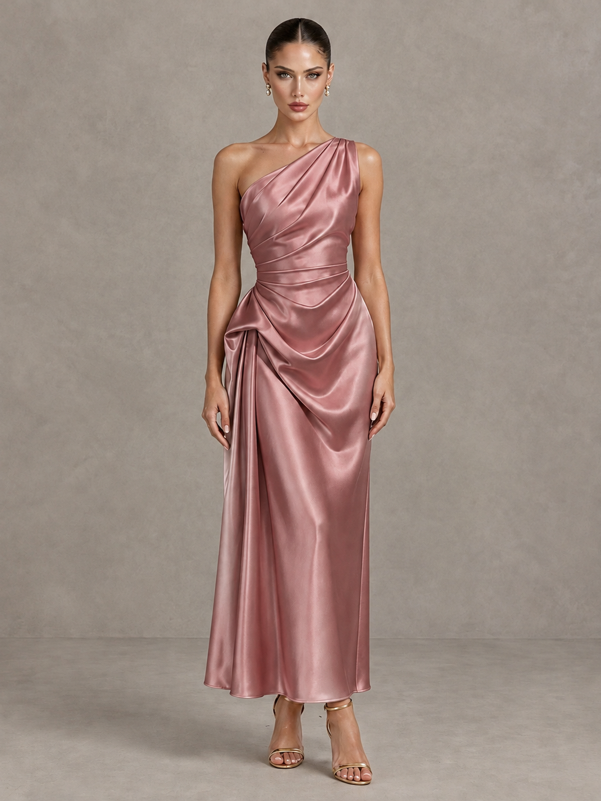 BOLODOO Dusty Rose One Shoulder Satin Cocktail Dress with Draped A-Line Skirt - Dusty Rose - Dusty Rose_1